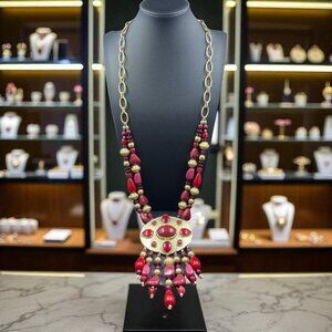Chicos Red Gold Statement Necklace Bold Beaded Pendant Boho‎ Festival Jewelry